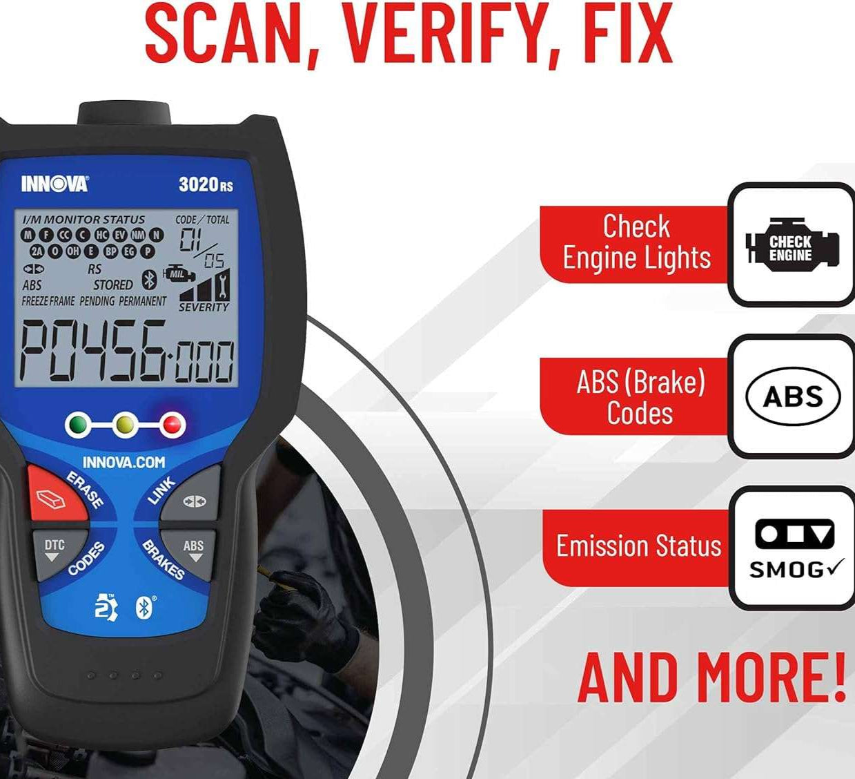 INNOVA 3020RS Fast & Easy-to-Use Check Engine Code Reader, OBD2 Scan Tool for ABS Clear with Fix & Part Recommendations, Maintenance Schedules, & Free TSBs on iPhone & Android