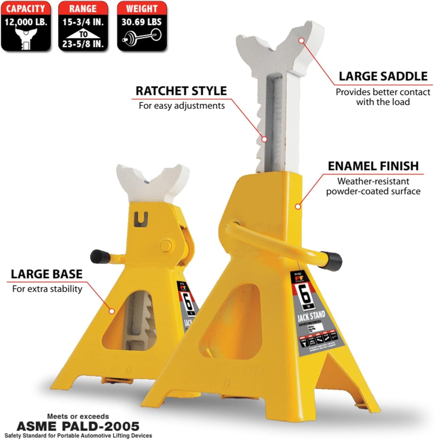 Performance Tool W41023 6 Ton (12,000 lbs.) Capacity Heavy Duty Jack Stand Set