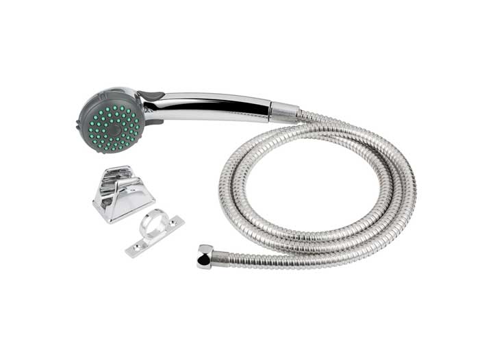 Shower Head; Hand-Held With 60 Inch Stainless Steel Hose; Single Spray Function; Chrome Plated; With Water Saving Trickle Switch/ Mounting Bracket/ Hose Ring