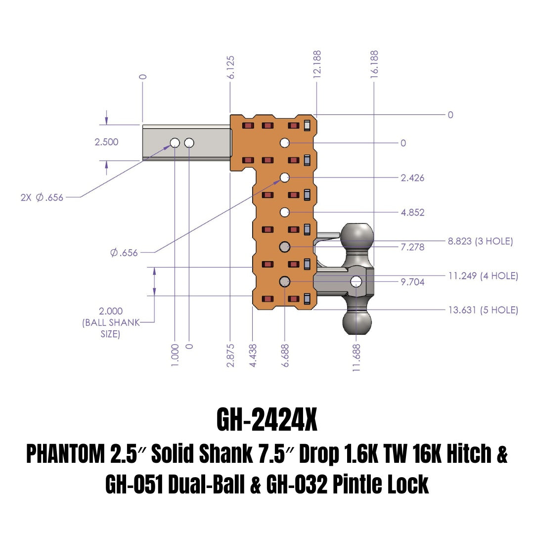 GEN-Y Hitch PHANTOM 2.5-inch Solid Shank Drop Hitch with 7.5-inch Drop and 16,000 lbs Towing Capacity