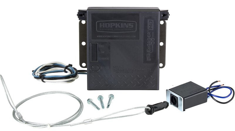Change the way you protect your trailer investment with the Engager break-away system! Push button battery tester lets you know your break away system is ready to go. Built-in battery charger charges battery while connected with the tow vehicle. Kit includes a break-away switch and cable and three mounting bolts. For use with trailer equipped with up to 4 trailer brakes