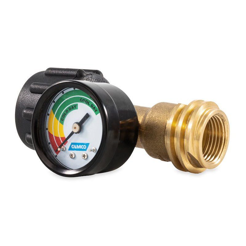 Propane Tank Gauge; For Type 1 Gas Grills/ RV's and Boats Manufactured After 1995; Acme Nut x Acme Thread With Female Prest-O-Lite (POL); With Thermal Protection; With Leak Detector