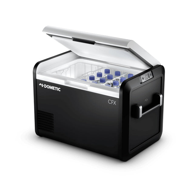 Refrigerator; CFX3 Series; Single Compartment Adjustable For Refrigerator Or Freezer Function; Portable; 53 Liter/ 1.9 Cubic Foot/ 83 Can Storage Volume; 28.35 Inch Width x 17.91 Inch Depth x 18.90 Inch Height; 120 Volt AC/ 0.95 Amp And 12/24 Volt DC/ 7.8 Amp DC; 2 Way AC/ DC; Single Zone; Digital Temperature Display; Gray; With Rapid-Freeze Plate And Silicon Ice Trays For Making Ice; With Foldable Carrying Handles/ USB Port/ WiFi Transmitter/ LED Interior Light/ Wire Basket/ DC And AC Connection Cables