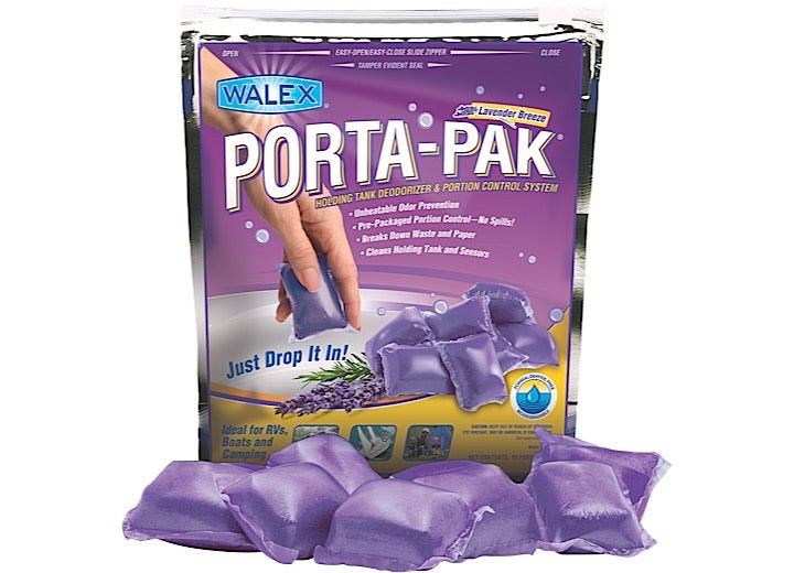 The WALEX PPRV10LAV Porta-Pak Deodorizer is a lavender-scented sanitation solution for RVs and campers. It comes in pre-packaged portions, making it easy to use—just drop it into your RV toilet. It controls odors while breaking down waste and paper, and it's formaldehyde-free for safer use. The product is compactly packaged in a zipper bag for convenient storage.