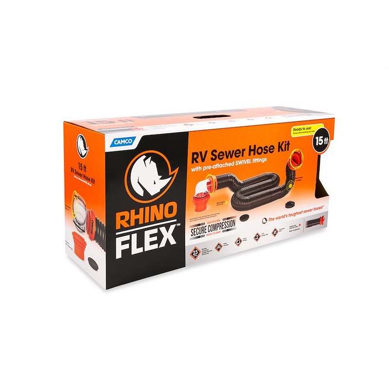 39761 Camco RhinoFLEX 15' Camper/RV Sewer Hose Kit, Includes 4 - in - 1 Adapter - Imex RV And Auto Parts
