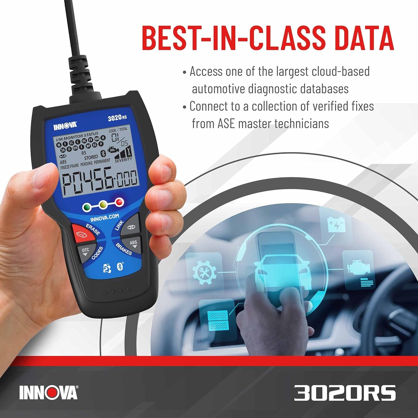 INNOVA 3020RS Fast & Easy-to-Use Check Engine Code Reader, OBD2 Scan Tool for ABS Clear with Fix & Part Recommendations, Maintenance Schedules, & Free TSBs on iPhone & Android