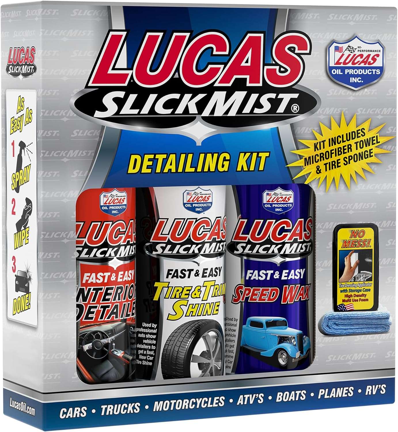 Lucas Slik Mist Detail Kit 20558 including spray bottles and microfiber cloths, designed for car detailing and providing a quick, high-gloss finish.