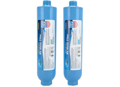 The TastePURE Water Filter (KDF), 2 Pack, LLC 40045 is a durable, in-line water filter designed for RV and marine use. It reduces bad taste, odor, chlorine, and sediment in drinking water with a 20-micron sediment filter. Featuring GAC (Granular Activated Carbon) filtration combined with KDF, it prevents bacterial growth when not in use. This filter is NSF/ANSI certified and compliant with lead-free laws, ensuring safe and clean water for your adventures.