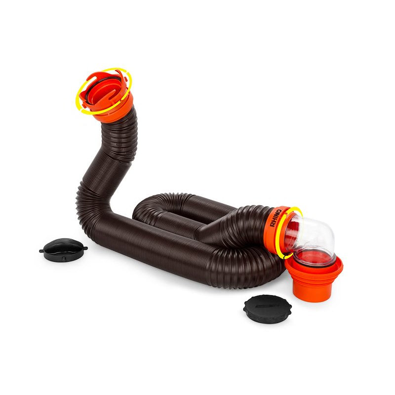Camco RhinoFLEX 39761 15-foot RV Sewer Hose Kit, showing the black collapsible hose, clear 4-in-1 elbow adapter, and pre-attached orange swivel fittings.