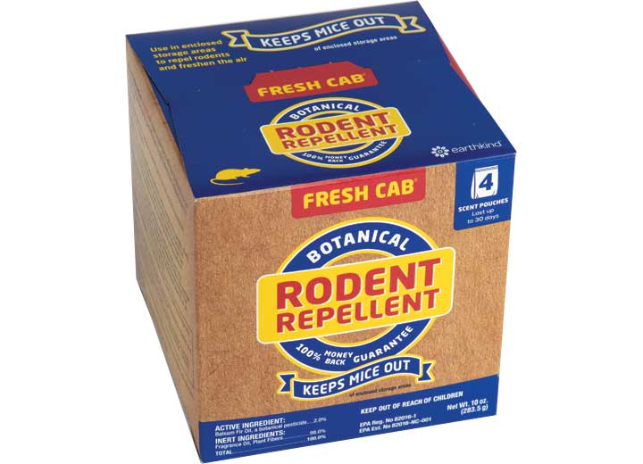 Box of Fresh Cab Botanical Rodent Repellent, 020-126. A natural, plant-based pest control product used to safely repel mice and rats with a woodsy scent.