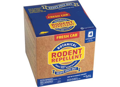 Box of Fresh Cab Botanical Rodent Repellent, 020-126. A natural, plant-based pest control product used to safely repel mice and rats with a woodsy scent.