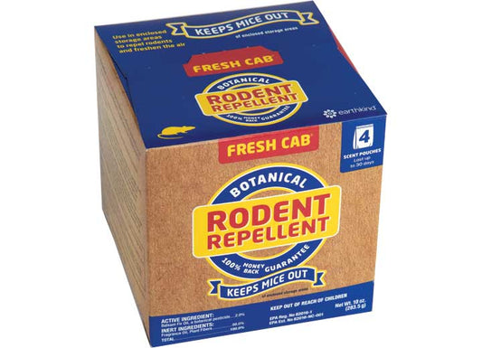 Box of Fresh Cab Botanical Rodent Repellent, 020-126. A natural, plant-based pest control product used to safely repel mice and rats with a woodsy scent.