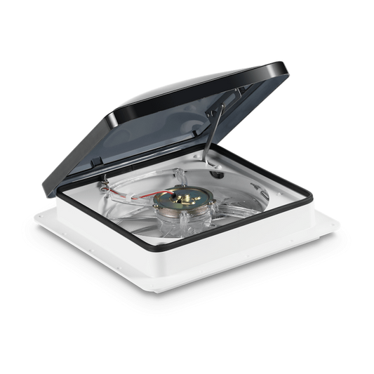 This lightweight, compact and durable vent fan seals tight when not in use. Powerful 12", 10-blade fan quickly moves air into and out of the cabin. Features: Manual lift dome, built-in thermostat maintains your desired comfort level, Quiet operation, High profile base. Includes 4-1/2" Garnish. Fits standard 14" X 14" opening