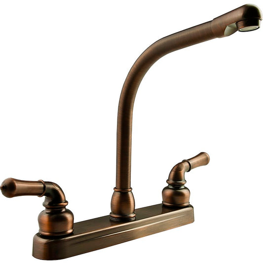 Faucet; Classical Series; Used For Kitchen; Single Piece 8 Inch Deck Mount; 10 Inch Hi-Rise Classical Spout; 2 Teapot Classical Handle; Oil Rubbed Bronze Coated/ Plastic Body/ Brass Spout; 2 Hole Application; Washerless Cartridge Valve