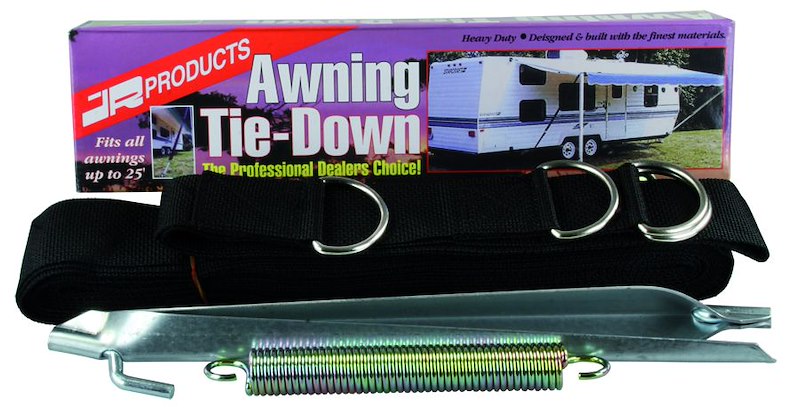 Protect your awning from wind and rain with JR Products 09253 Awning Tie Down Fits Awnings Up To 25 Foot 2 Inch Polypropylene Webbing With Two 15 Inch Steel Stakes/ 8 Inch Tension Spring/ 3 Inch And 38.5 Inch Strap