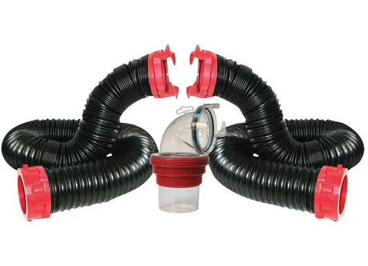 Durable black RV sewer hose with rotating fittings and a clear elbow adapter.