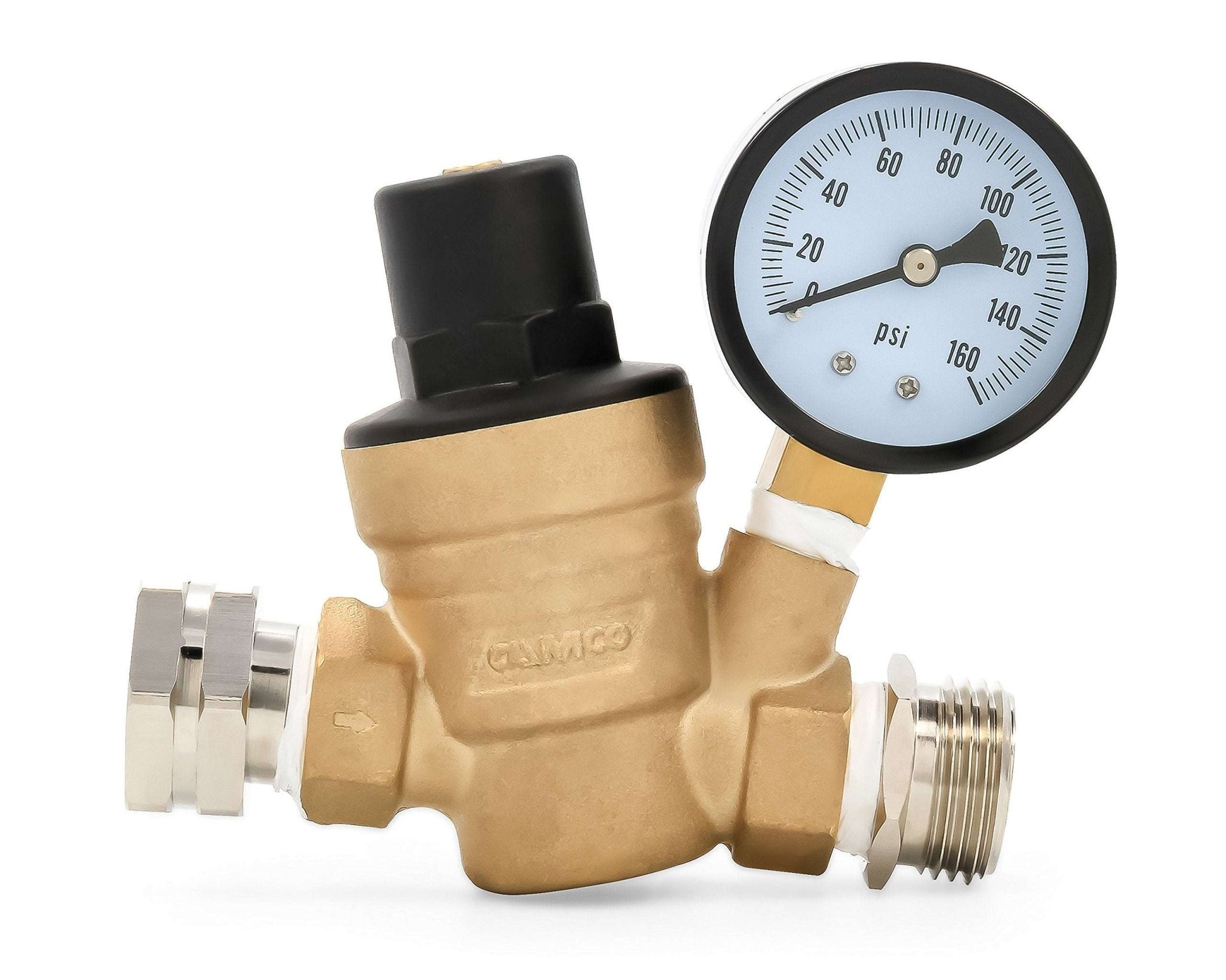Camco Brass Camper/RV Water Pressure Regulator – Protects RV Kitchen Small Appliances, Plumbing & Hoses – Reduces RV Water Pressure to Safe & Consistent 40 - 50 PSI – Drinking Water Safe (40055) - Imex RV And Auto Parts