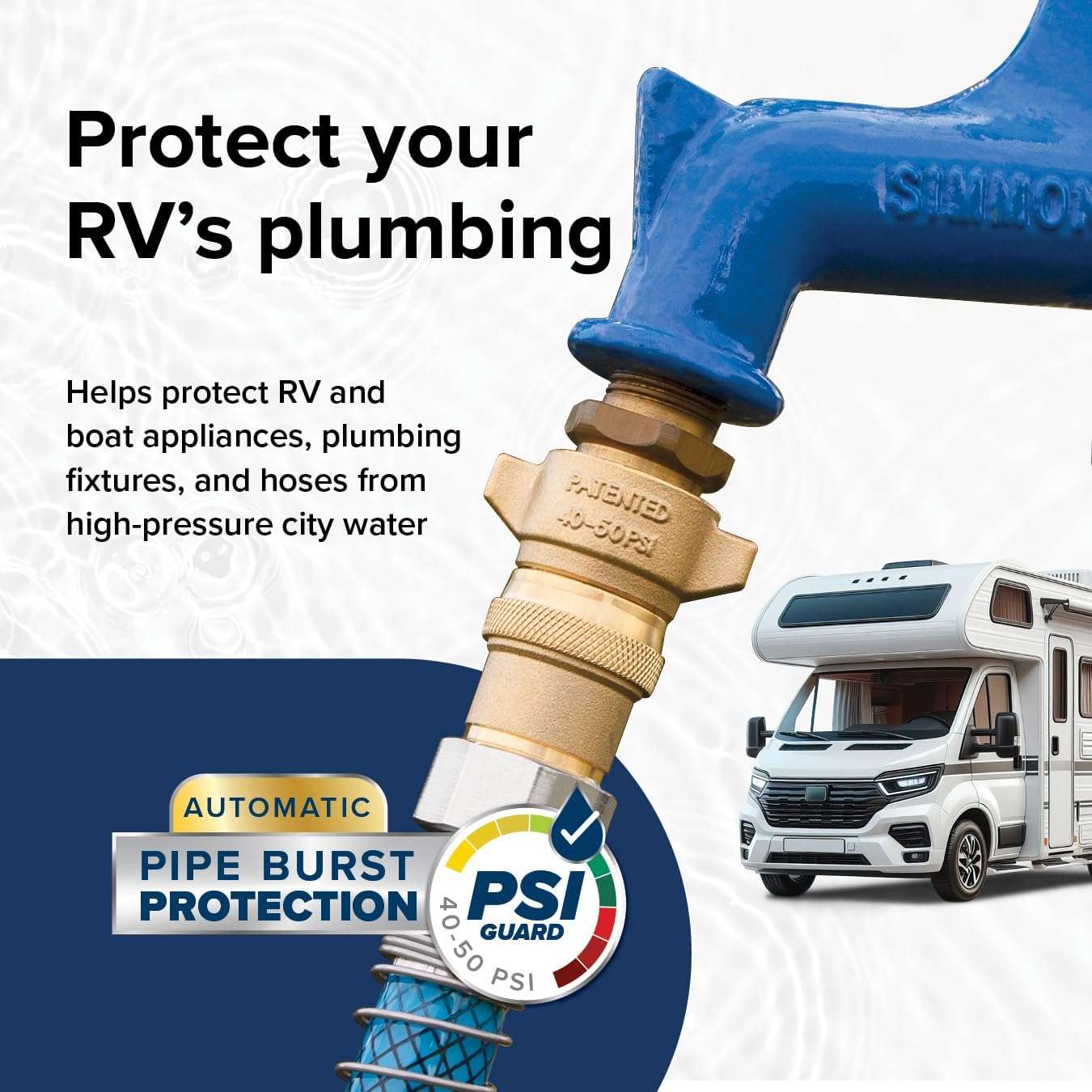 Camco Brass Camper/RV Water Pressure Regulator – Protects RV Kitchen Small Appliances, Plumbing & Hoses – Reduces RV Water Pressure to Safe & Consistent 40 - 50 PSI – Drinking Water Safe (40055) - Imex RV And Auto Parts
