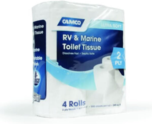 Camco Marine & RV Toilet Paper — 2 - Ply — Septic Safe — Dissolves Fast — 4 - Rolls (500 Sheets Per Roll) (40274) - Imex RV And Auto Parts