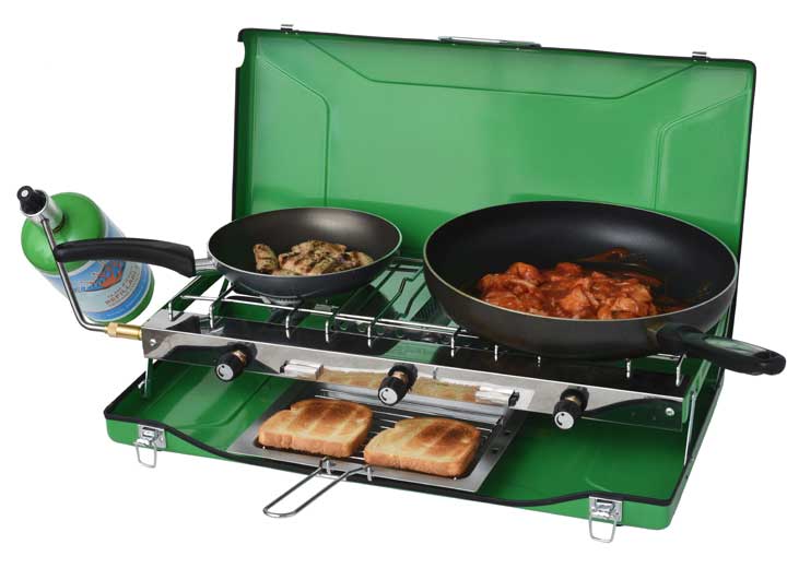 Flame King Portable 3 Burner Grill Propane Gas Camping Stove w/Toast Tray - YSNBBQ-136 - Imex RV And Auto Parts