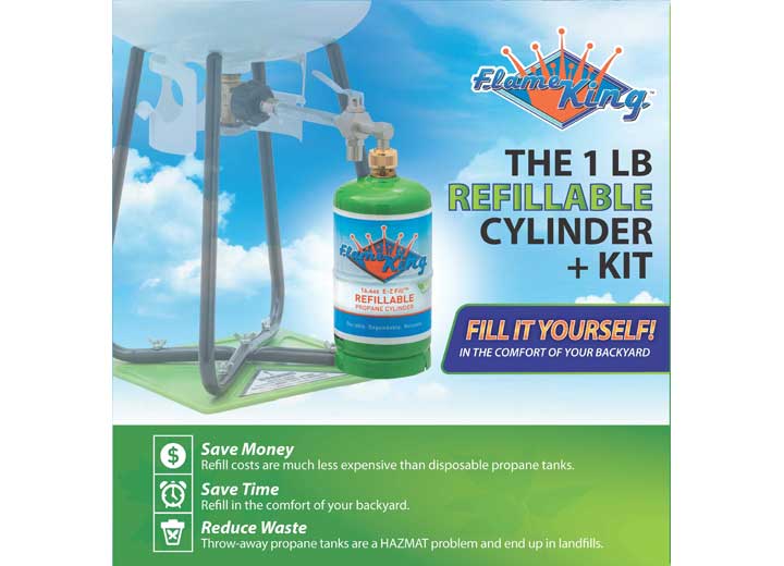 Flame King Refillable Propane Cylinders w/Refill Kit, Qty 1, 1lb - YSN1LBKT - Imex RV And Auto Parts