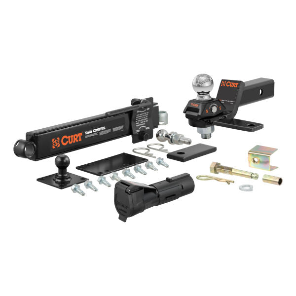 The CURT 45190 RV Towing Starter Kit is designed for towing small travel trailers. It includes a RockerBall cushion hitch ball mount, sway control unit, Echo mobile brake controller, and anti-rattle hitch pin. The RockerBall absorbs road shocks and reduces jerking for a smoother ride, while the sway control unit minimizes trailer movement. The Echo brake controller connects via Bluetooth to your smartphone for easy operation