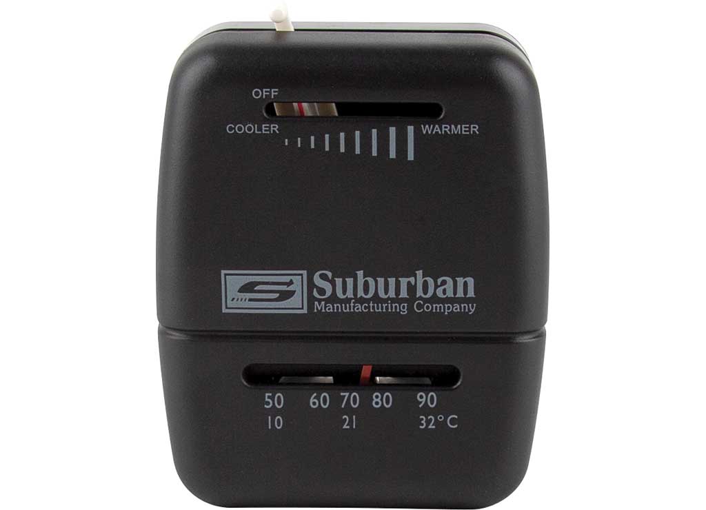 Front view of a white Suburban 161210 analog wall thermostat for RV furnace heat control.