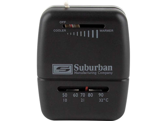 Front view of a white Suburban 161210 analog wall thermostat for RV furnace heat control.