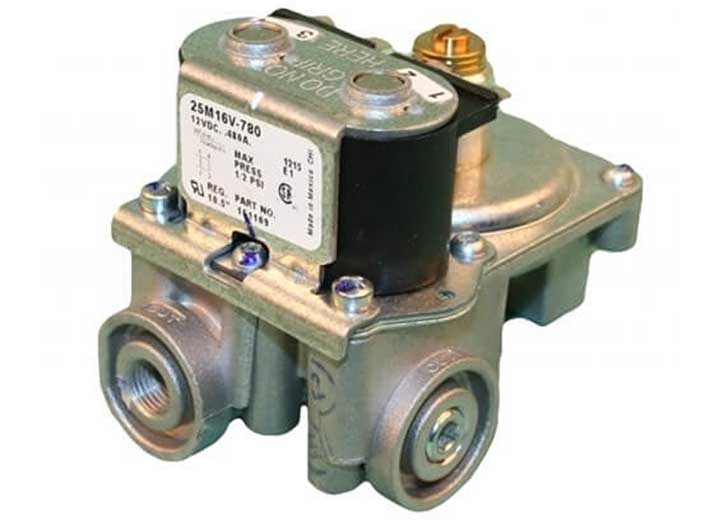 Suburban 525042 gas solenoid valve for SW series RV water heaters, showing the 12V DC dual solenoids and brass gas ports.